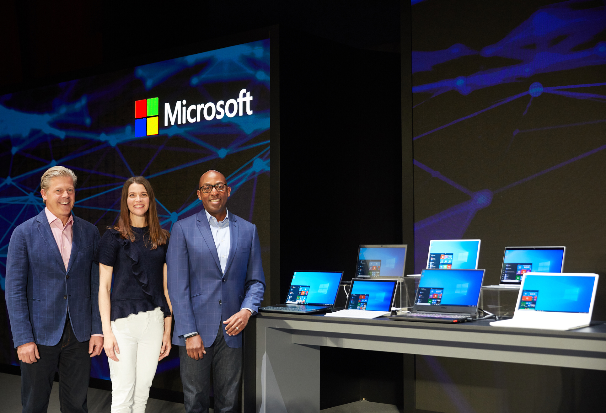 Nick Parker, CVP of Consumer and Device Sales, Roanne Sones, CVP of OS Platforms, Rodney Clark, VP of IoT Sales, on stage at Computex 2019 in Taipei, “Enabling Innovation and Opportunity on the Intelligent Edge”