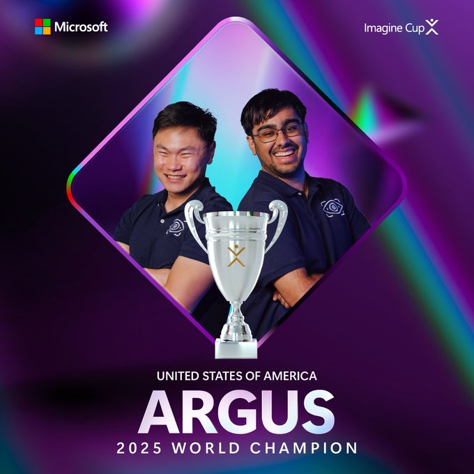 An image showing a trophy and text that says Argus 2025 World Champion and a photo of Daniel Kim and Arjun Oberoi.