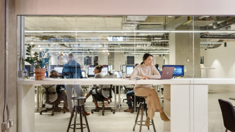 A woman at a desk in an office.
