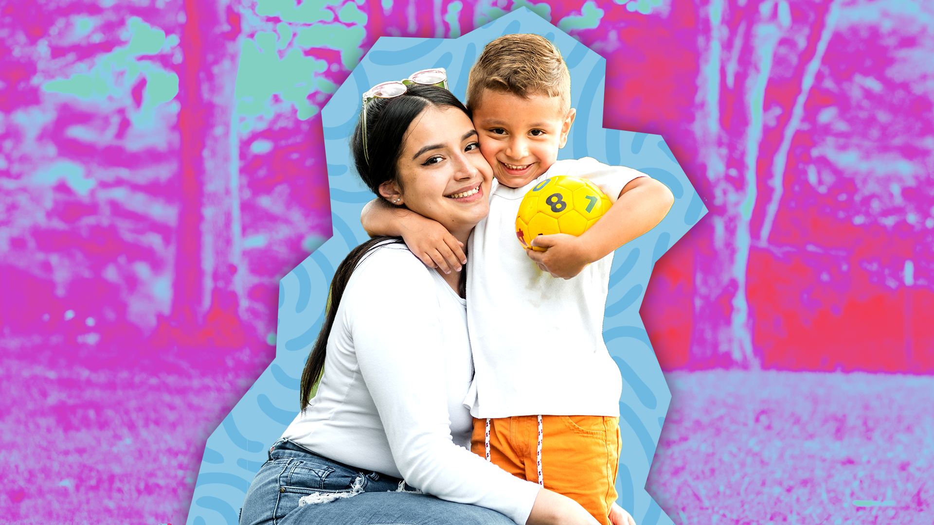 Mom and son playing in a park. Decorated image.