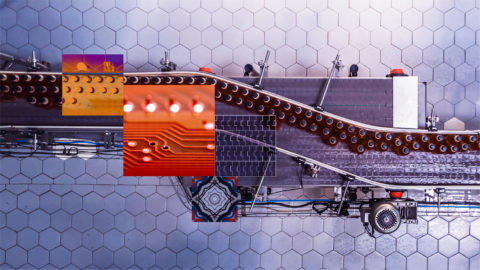Bottles move on a conveyor belt in a factory