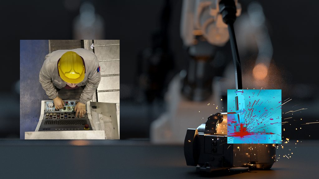An abstract image showing a manufacturing plant with an overlay of a person leaning over a control panel