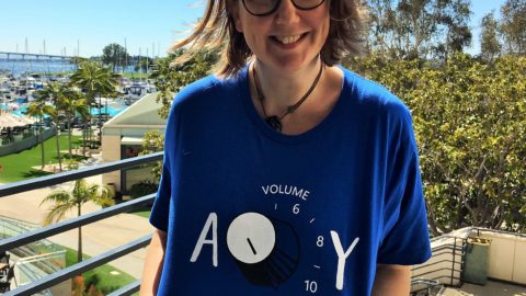 Jenny Lay-Flurrie wearing blue Microsoft accessibility t shirt
