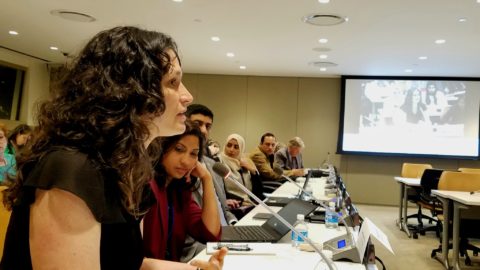 Megan Lawrence (left) speaks on panel at UN in New York.