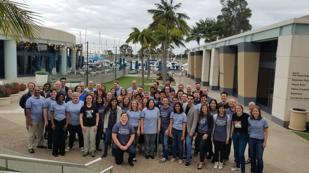 A group of people wearing blue T-shirts at CSUN