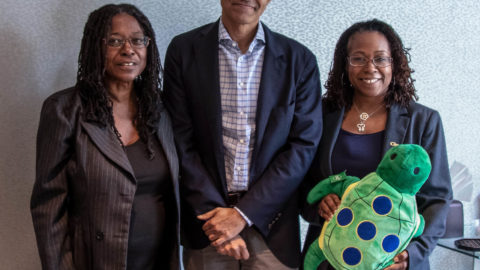 Zyrobotics CEO Dr. Johnetta MacCalla and CTO Dr. Ayanna Howard alongside Microsoft CTO Satya Nadella