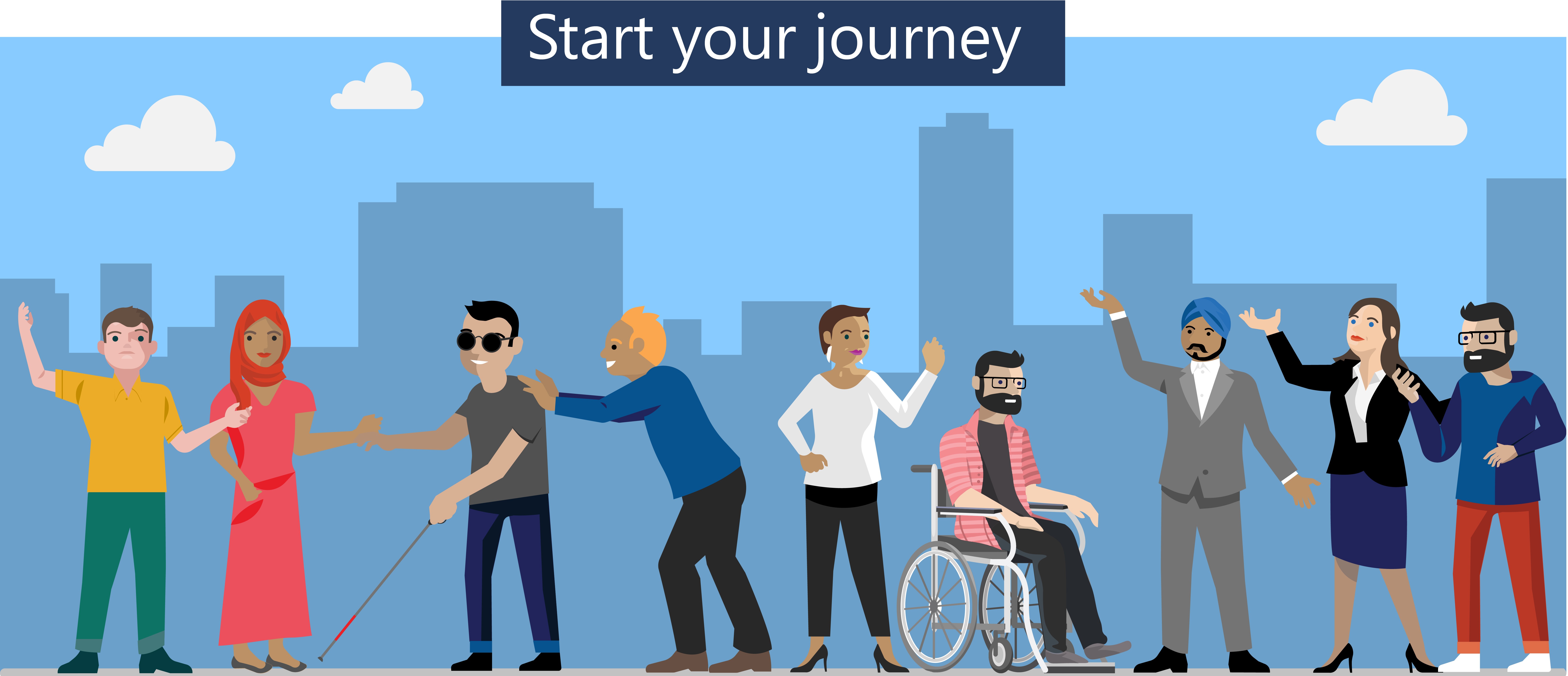 A group of animated people of varying abilities stand together looking happy.