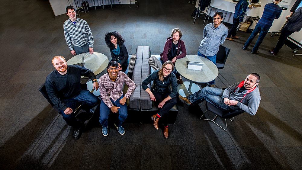 Microsoft researchers working on Project Malmo include, from top left, Fernando Diaz, Evelyne Viegas, David Bignell, Alekh Agarwal, Matthew Johnson, Akshay Krishnamurthy, Katja Hofmann and Tim Hutton. Photography by Scott Eklund/Red Box Pictures