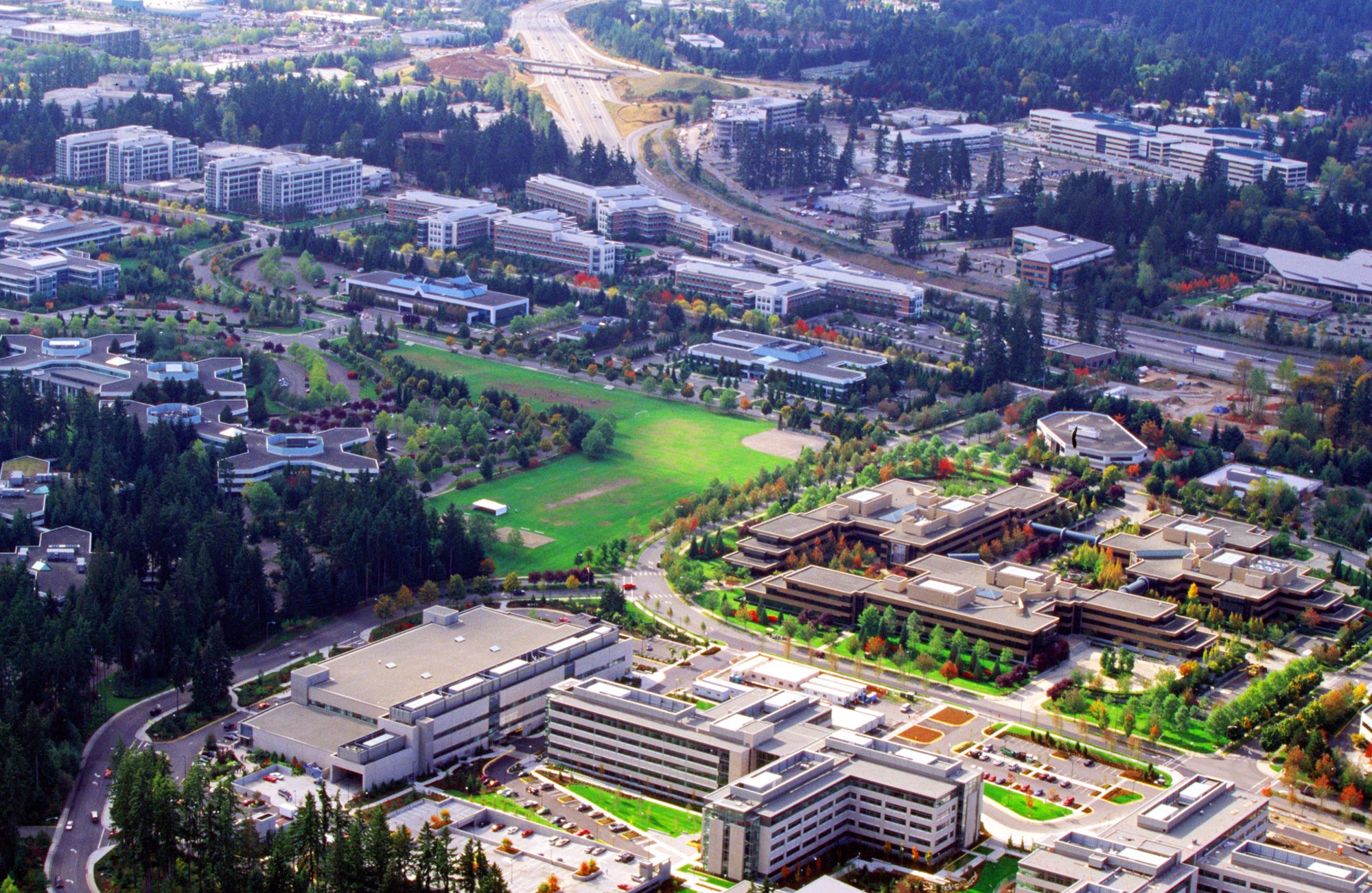 Aerial shot of part of Microsoft's Redmond campus