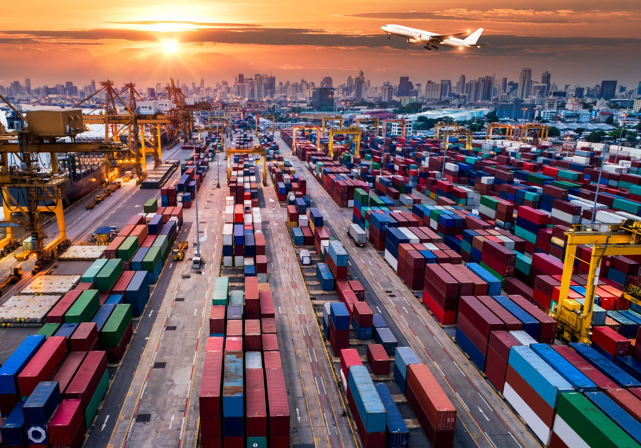 Photo from the air showing rows of shipping containers