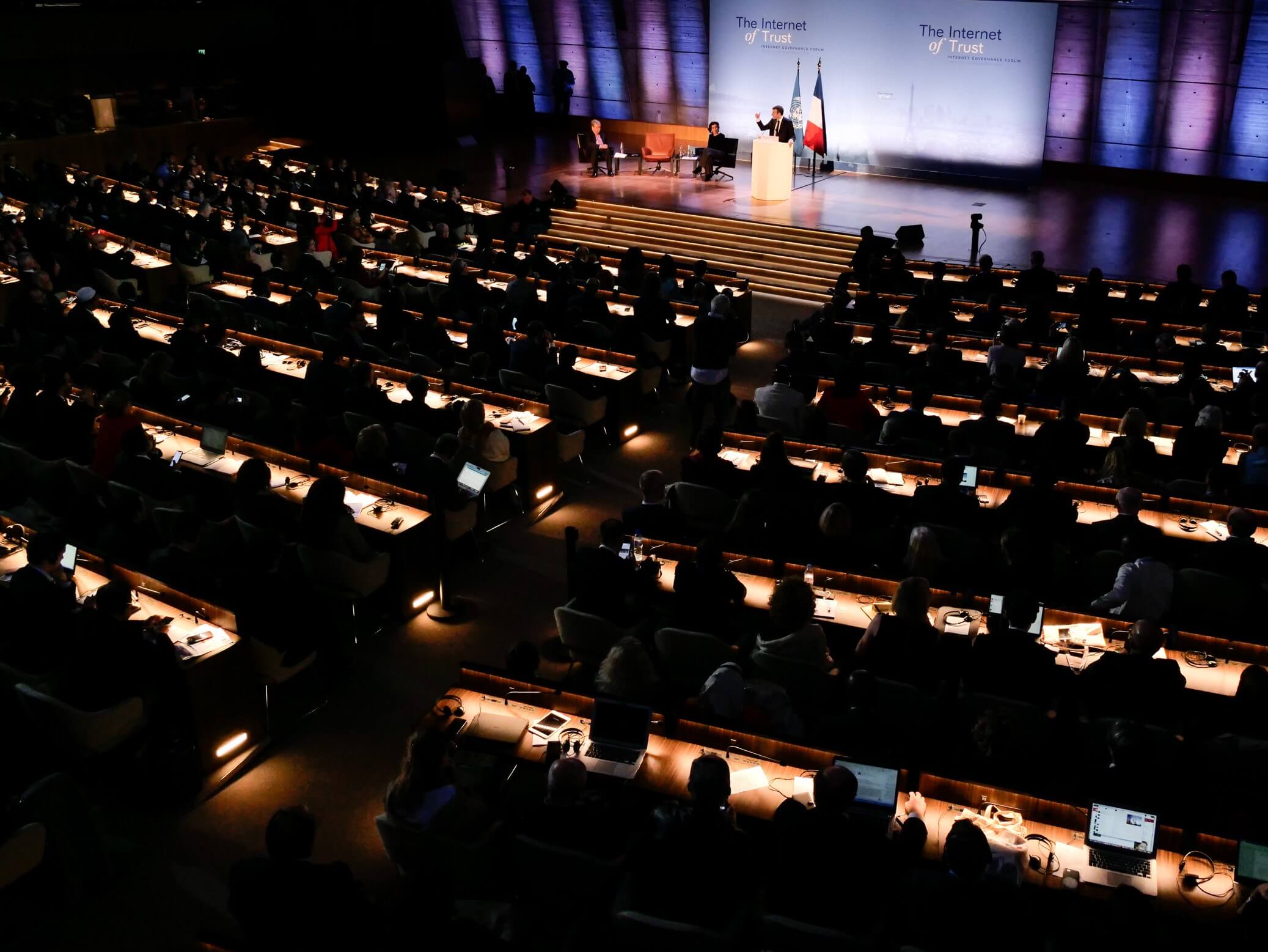 French President Emmanuel Macron speaking at UNESCO in Paris