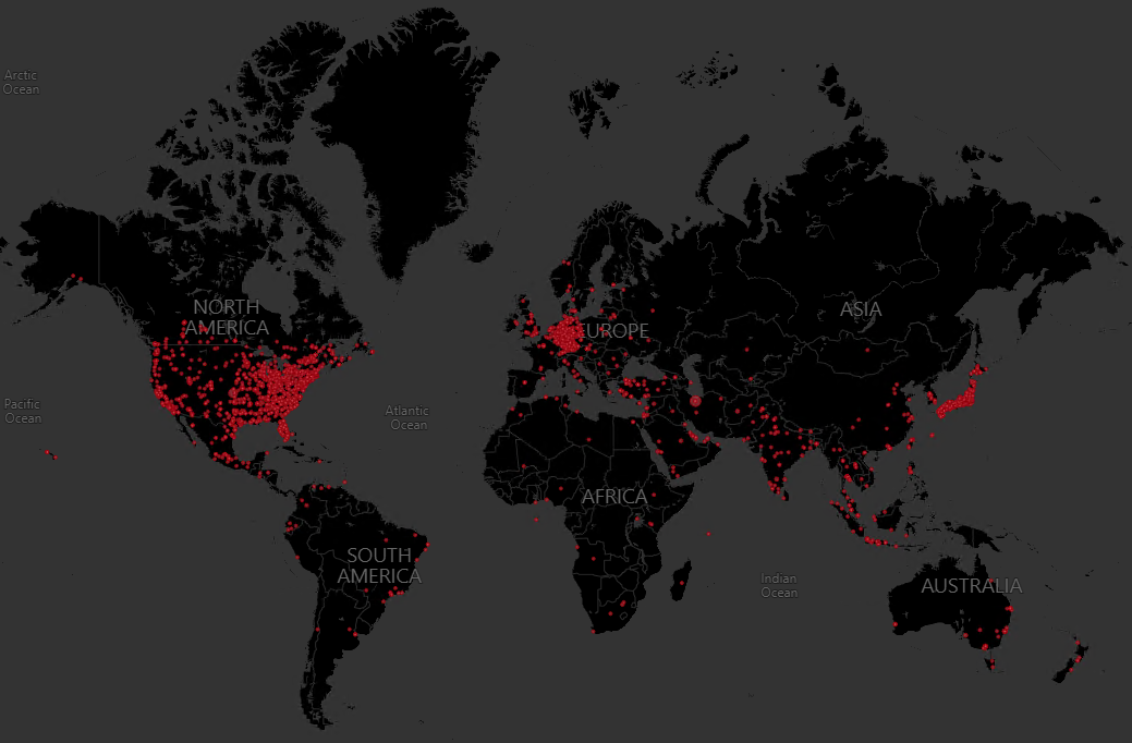 A world map showing malware infections