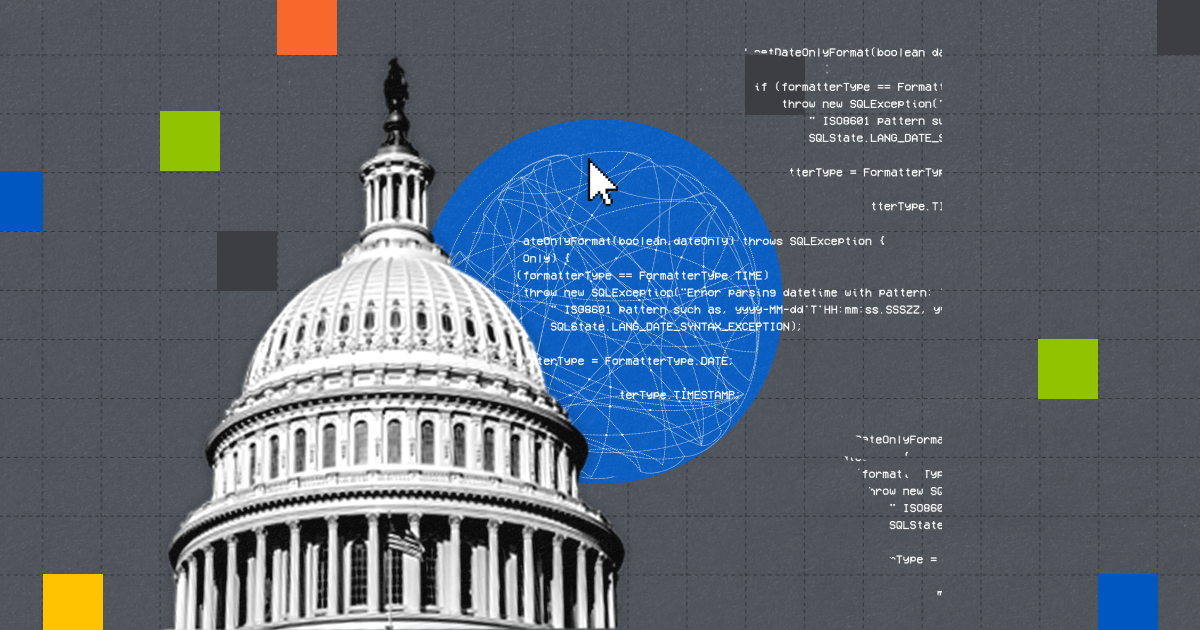 The image features the U.S. Capitol dome in black and white against a digital backdrop. The background includes snippets of computer code overlaid on a grid pattern with colorful squares in yellow, orange, green, and blue. A large circular cursor overlays a blue globe-like pattern, adding a technological theme.