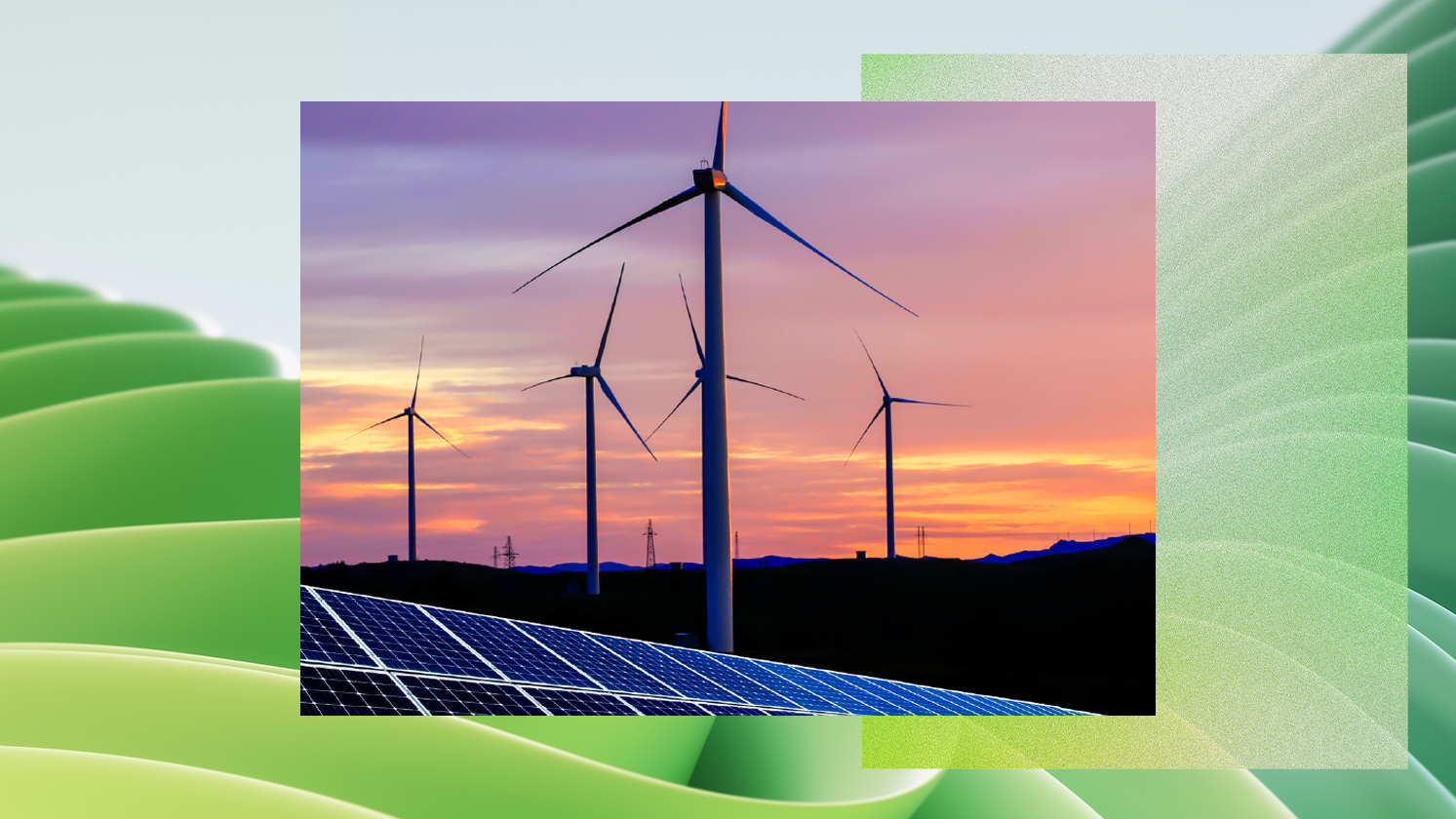 Wind turbine and solar panels at sunset centers on a digitally generated image of green folds