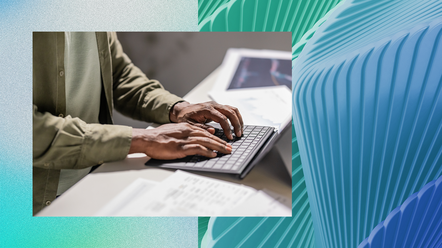 A person is typing on a laptop keyboard, with documents and a chart in the background. The image is overlaid on a graphic pattern that blends shades of blue and green.