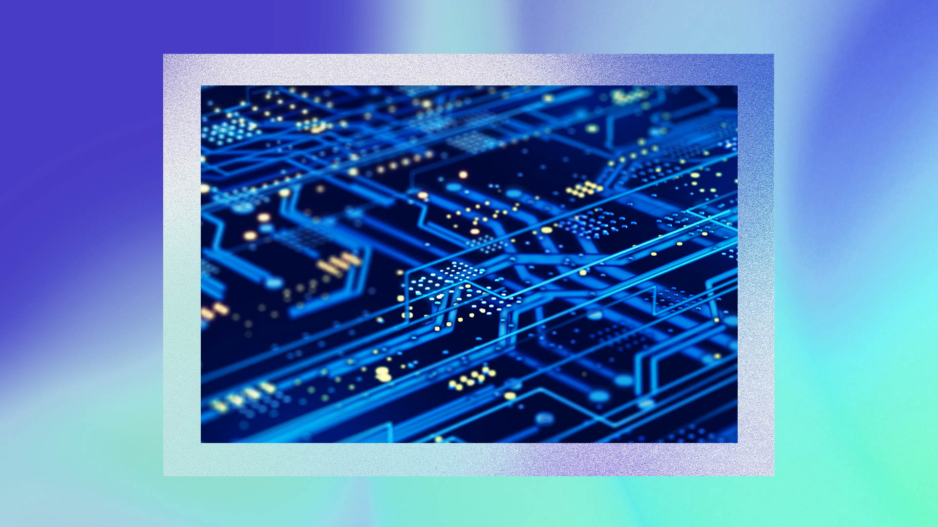 A close-up image of a blue printed circuit board (PCB) with intricate pathways and electronic components. The background is blurred with shades of blue and green, creating a futuristic and technological feel.