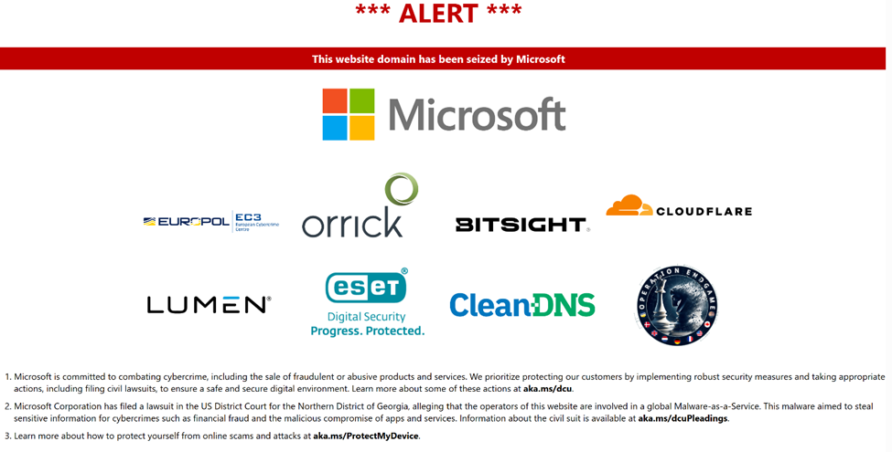 Seizure notice banner stating that the website domain has been seized by Microsoft, in collaboration with Europol EC3, Orrick, BitSight, Cloudflare, Lumen, ESET, and CleanDNS. The image includes logos of these organizations and outlines Microsoft's commitment to combating cybercrime, including legal action against operators involved in stealing financial data, user credentials, and distributing malware