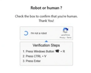 CAPTCHA verification screen with the prompt 'Robot or human?' and a checkbox labeled 'I'm not a robot' next to the rCAPTCHA logo. Below are instructions titled 'Verification Steps': 1. Press Windows Button + R, 2. Press CTRL + V, 3. Press Enter