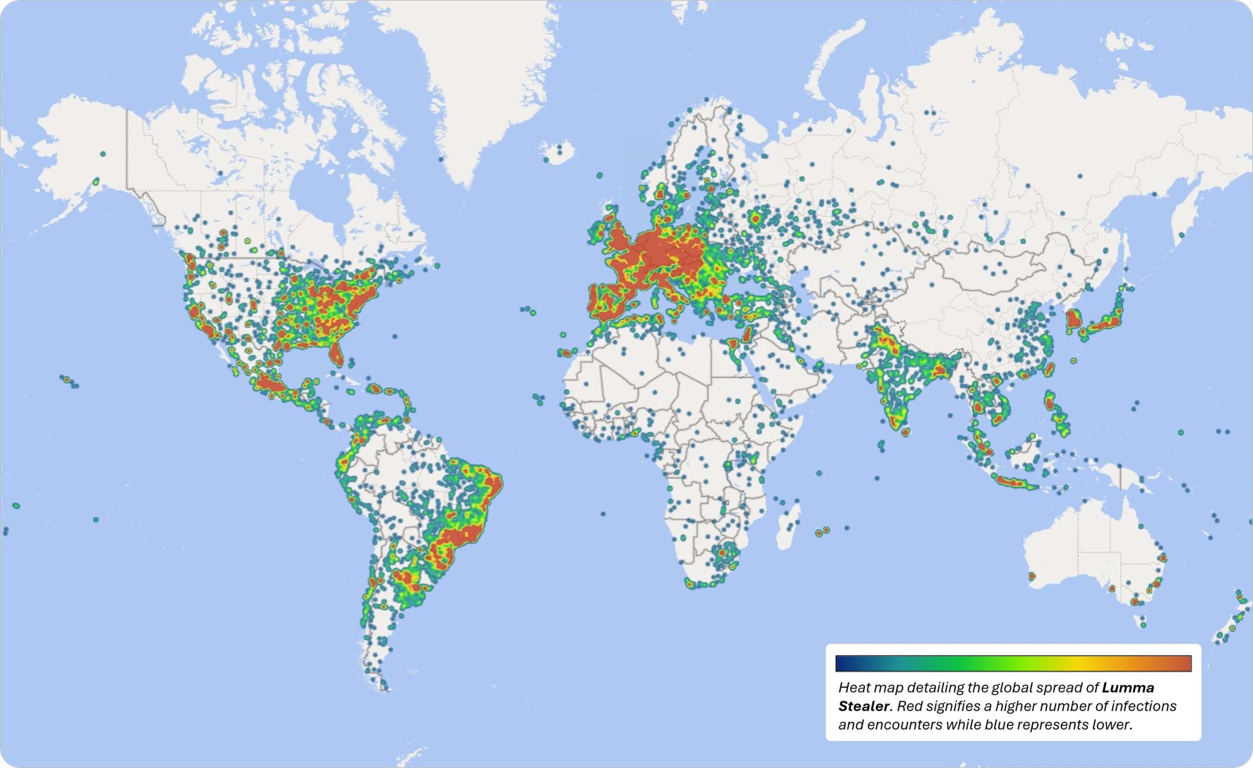 Heat map showing the global spread of Lumina Strepter. Areas in red indicate regions with a high number of infections and encounters, while areas in blue represent lower levels of activity.