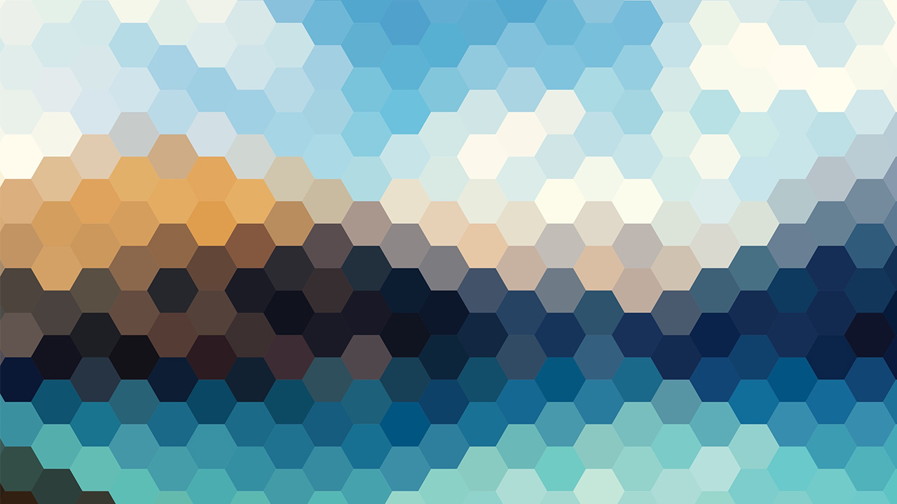 Geometric pattern consisting of numerous hexagons in varying shades of blue, brown, and white. The hexagons are arranged in a way that creates a gradient effect, transitioning from dark blue at the bottom to light blue and white at the top, with a band of brown hexagons through the center. This pattern resembles a pixelated or abstract representation of a landscape, possibly evoking the sea or sky meeting the earth or sand.