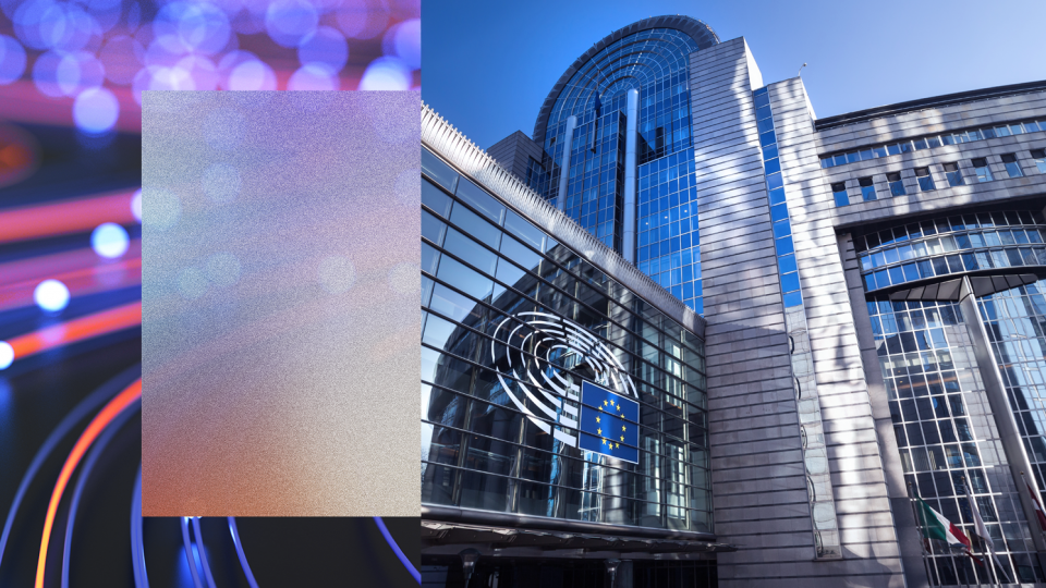 a modern glass building adorned with the European Union flag and the European Parliament logo. The sleek, contemporary design of the building, with its reflective glass windows and arched roof structure, stands out prominently. On the left side of the image, there's an abstract, colorful background with bokeh light effects, creating a striking contrast between the structured architecture and the artistic blur.