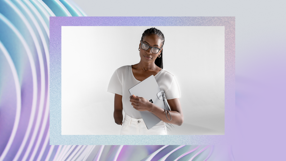 The image features a digital collage with two main elements. The first one Person with a limb difference holding a surface device. Surface Adaptive Accessories attached to the lid for easy opening with one hand. The The background has abstract wavy lines in blue and purple tones.